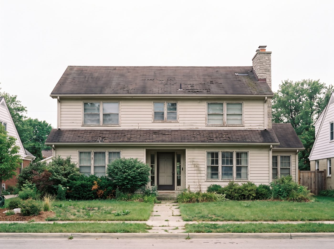Full exterior transformation, before (storm-damaged)