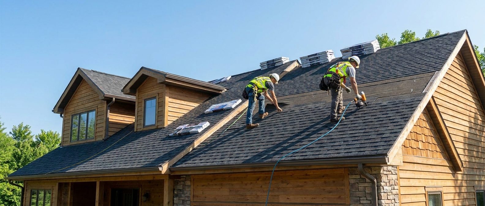 Roof Wranglers crew installing an architectural shingle roof.