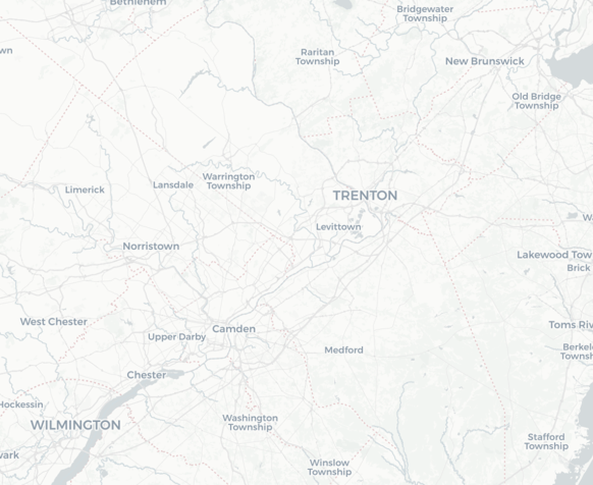 Map of the Roof Wranglers service area: Bucks County PA and South & Central New Jersey